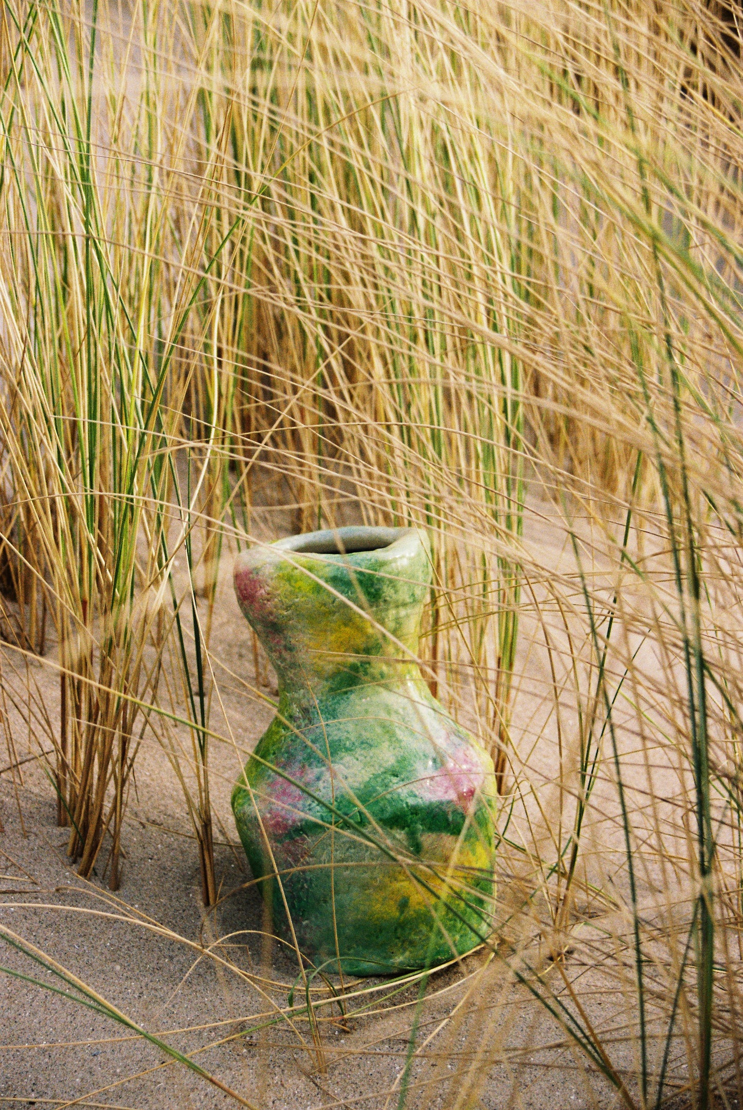 Unique ceramic vase - green/yellow/pink, 2025