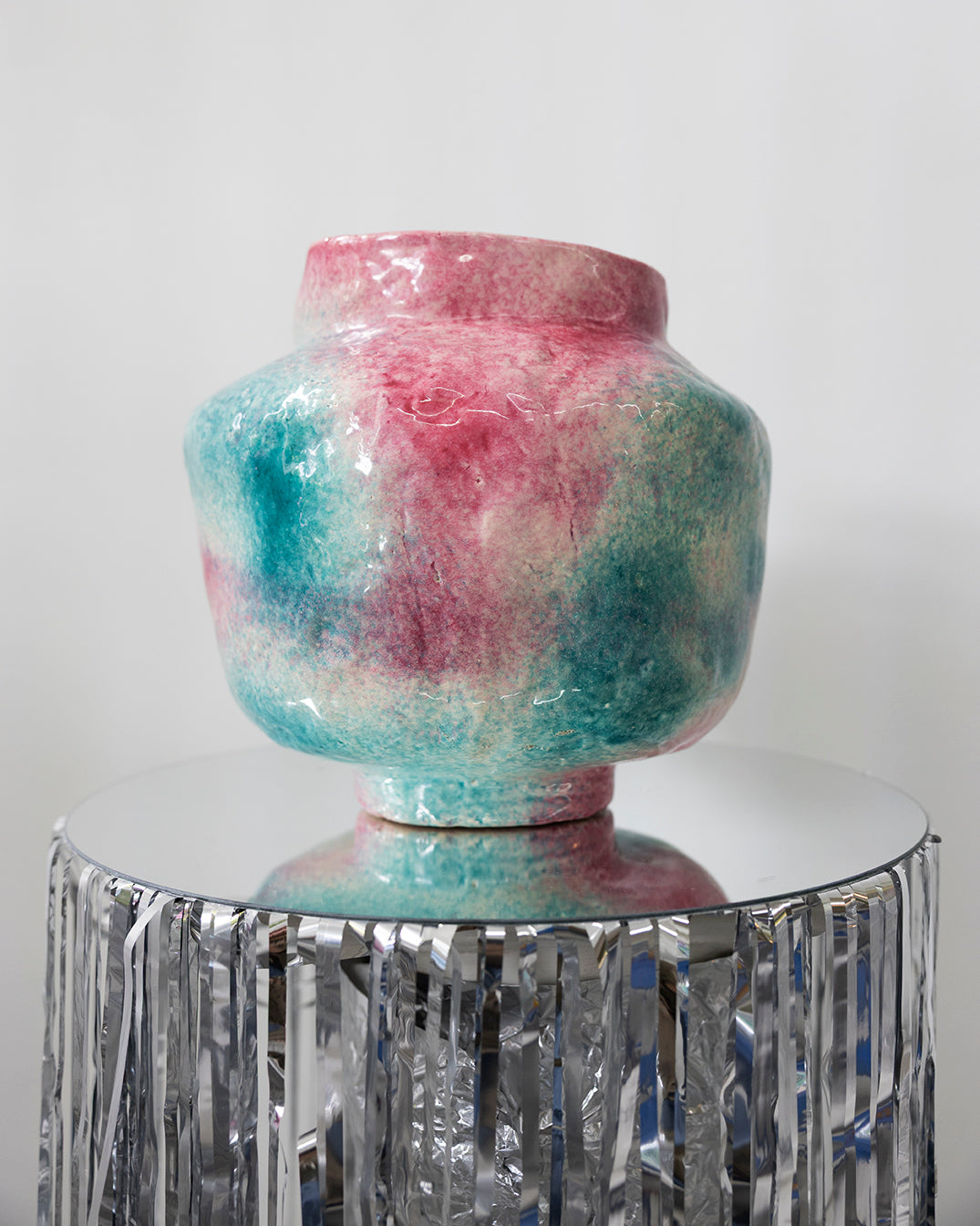 Unique ceramic vase, pink/turqoise, 2025