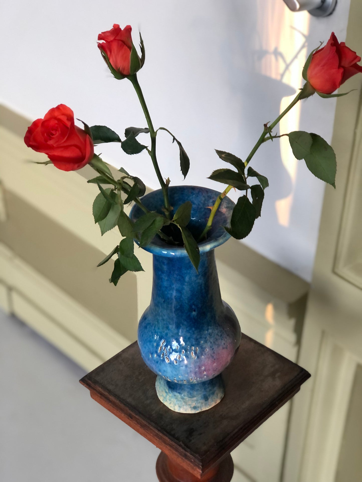 Unique ceramic vase / yellow/blue