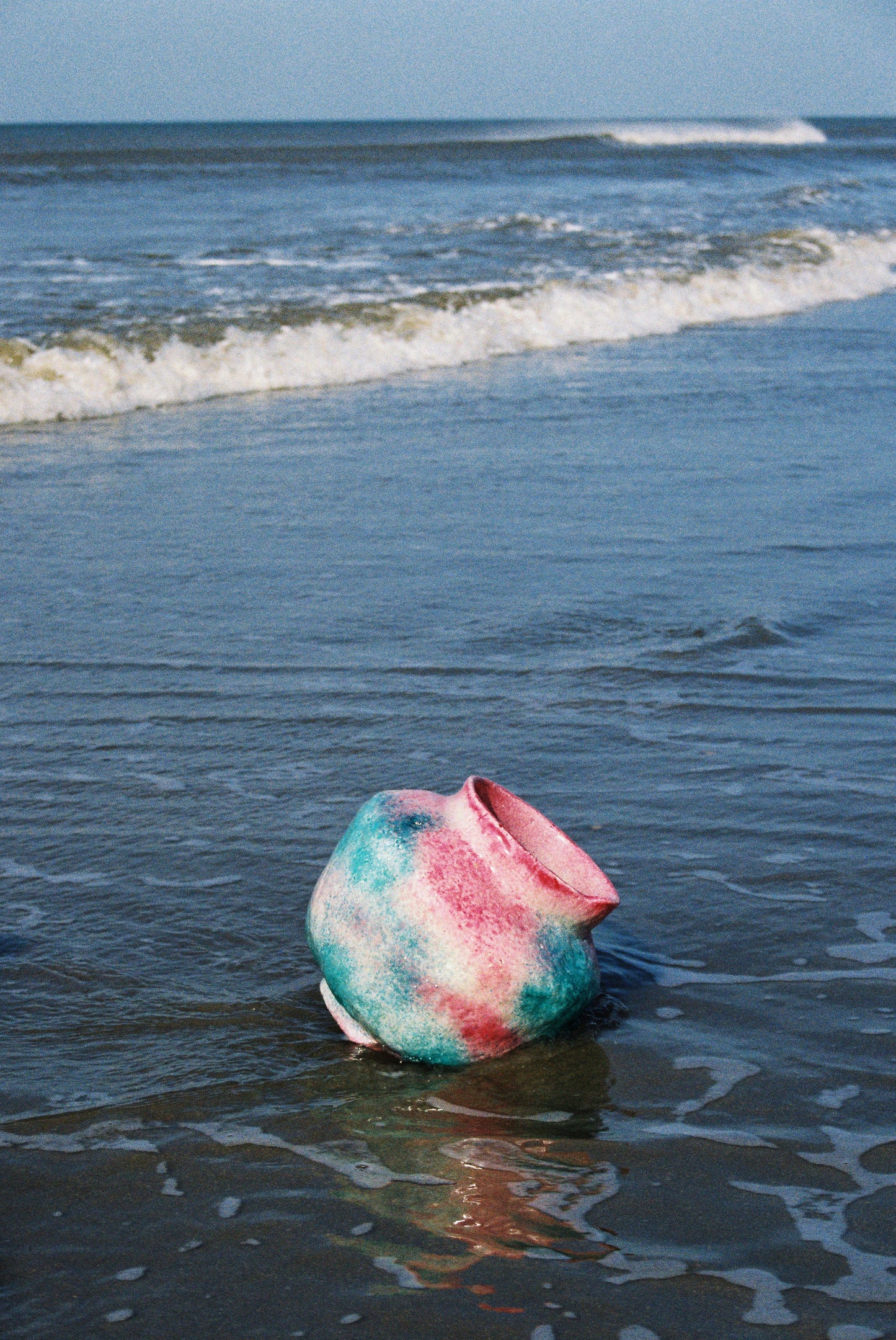 Unique ceramic vase, pink/turqoise, 2025