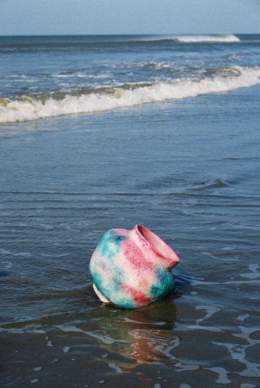 Unique ceramic vase, pink/turqoise, 2025