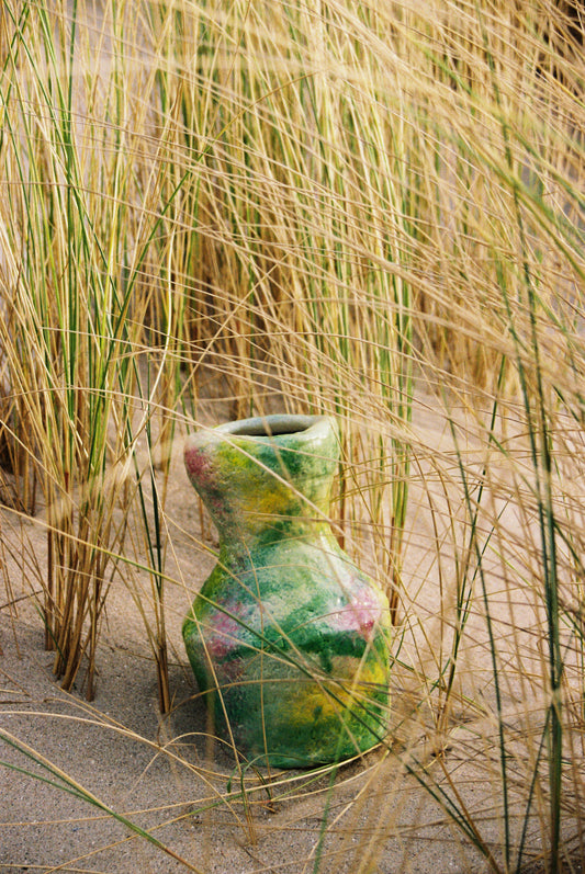 Unique ceramic vase - green/yellow/pink, 2025