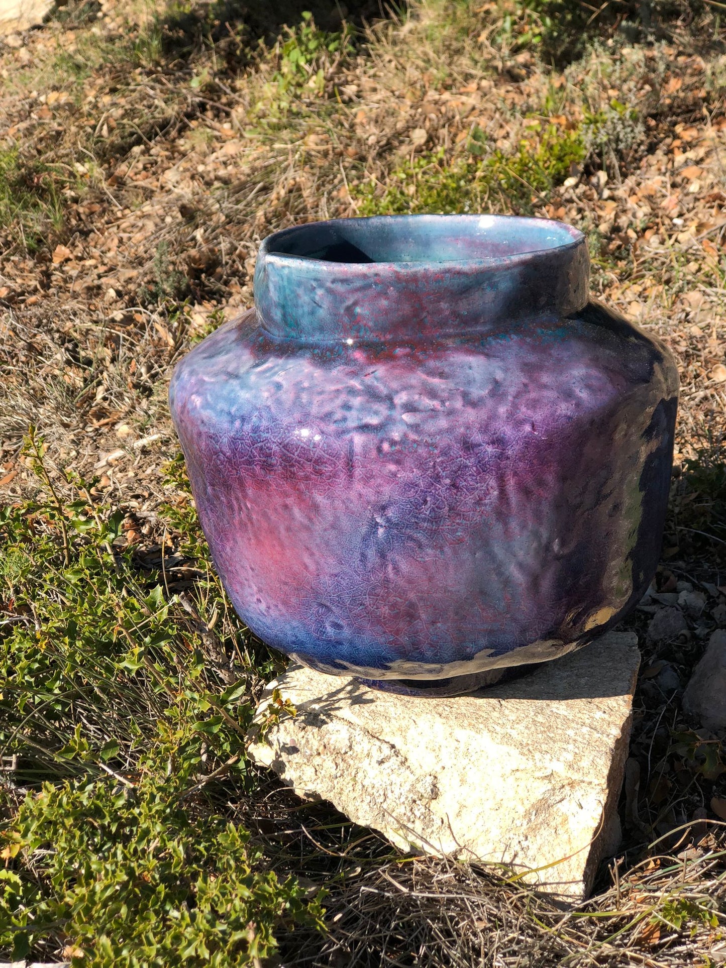 Unique ceramic vase / blue/purple/pink