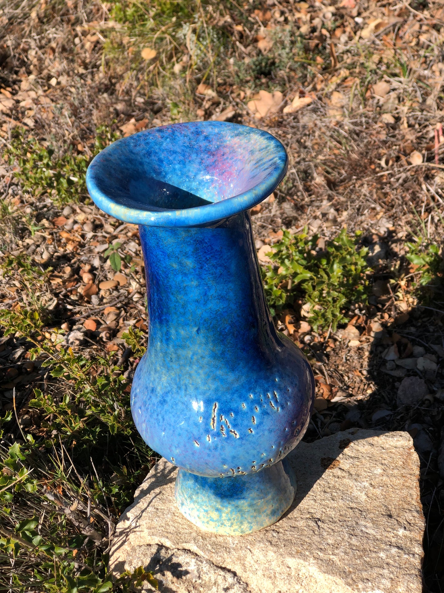 Unique ceramic vase /  yellow/blue